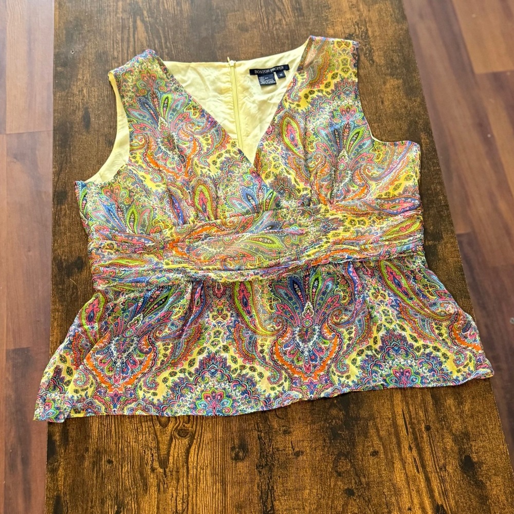 Boston Proper 100% Silk Paisley Peplum Top Women's 16 Yellow Boho Sleeveless